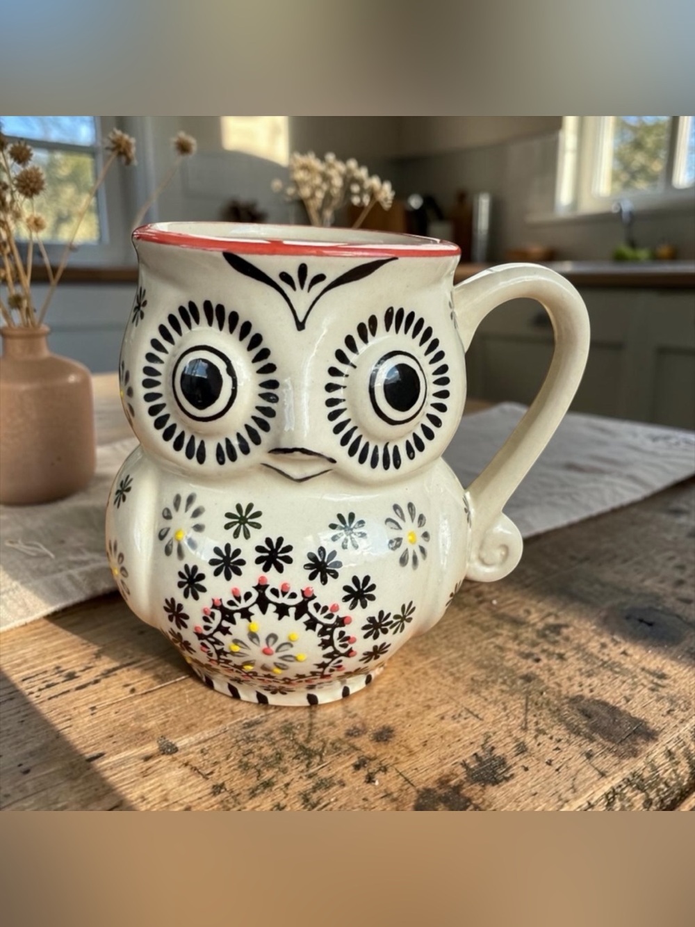 NATURE’S HOME CERAMIC OWL MUG – HAND-PAINTED FOLK FLORAL DESIGN